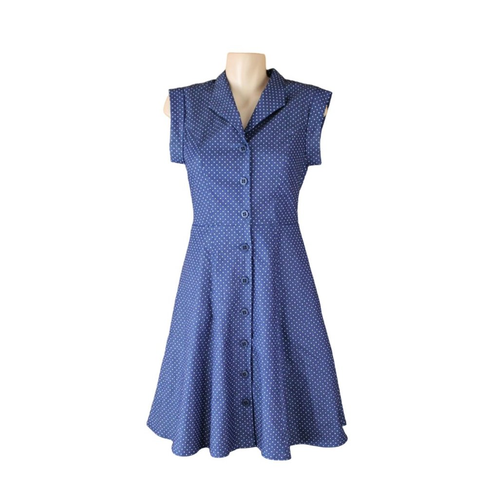Annie 50 Cotton Dress Button Down Fit and Flare XS Navy Blue White Polka Dot D93